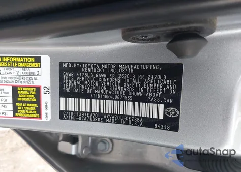 2018 Toyota Camry Se z USA, uszkodzony, nr VIN 4T1B11HK4JU671565